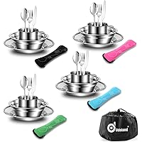 Odoland 29pcs Stainless Steel Camping Flatware Sets with Bowls Plates Cups Forks Spoons and Knives for 4, Cutlery Flatware Se