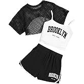 Ecolala Girls Summer Outfits 3 Piece Cami Top and Short Sleeve Mesh Tee Kids Shorts Set