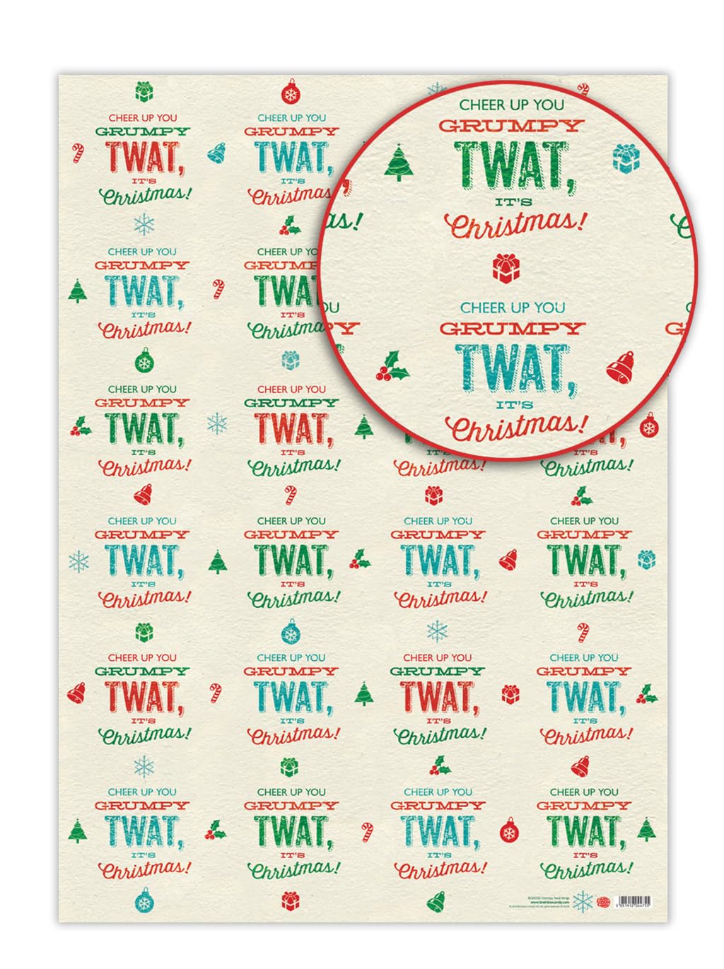 Brainbox Candy - 2 Sheets 'Cheer Up Grumpy' Funny Christmas Wrap - Rude Offensive Xmas Wrapping Paper Gift Wrap For Adults With Cheeky Sense Of Humour