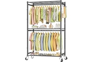 Neatrays Rolling Clothes Rack for Hanging Clothes, Metal Clothing Rack Garment Rack with Double Rods & 3 Wire Shelves, Portab