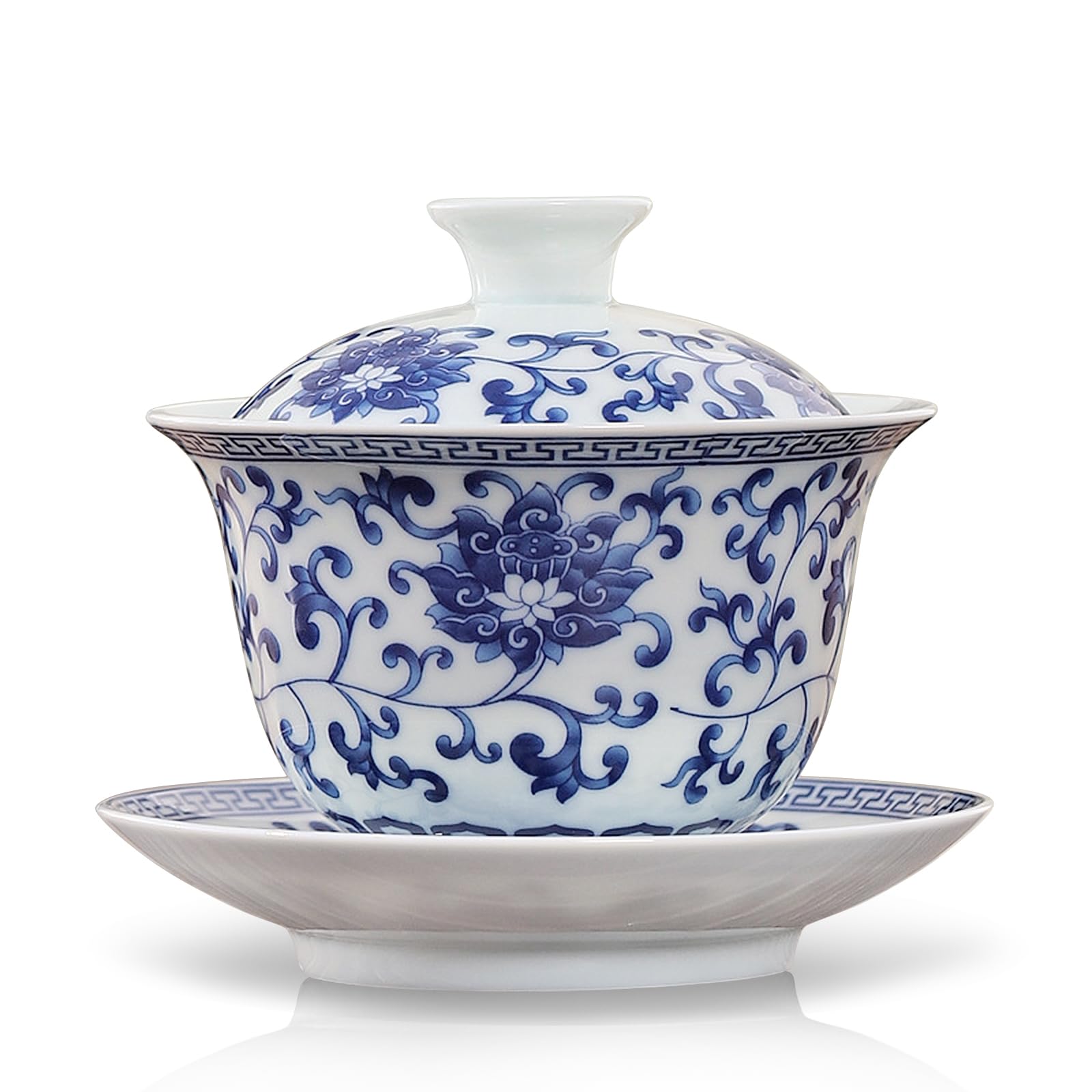 fanquare Blue and White Gaiwan Lotus Floral Porcelain Chinese Traditional Sancai Tea Bowl with Lid Vintage Tea Cup Saucer Cover Set 280ML