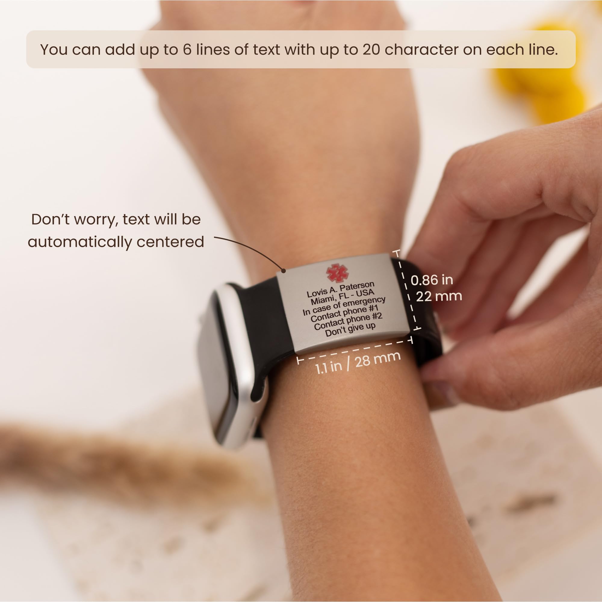 MIA·MIA Alert ID Tag for watch band, laser engraved apple watch safety plate, fitness runners ID tag for sport smartwatch, medical tag for wrist band