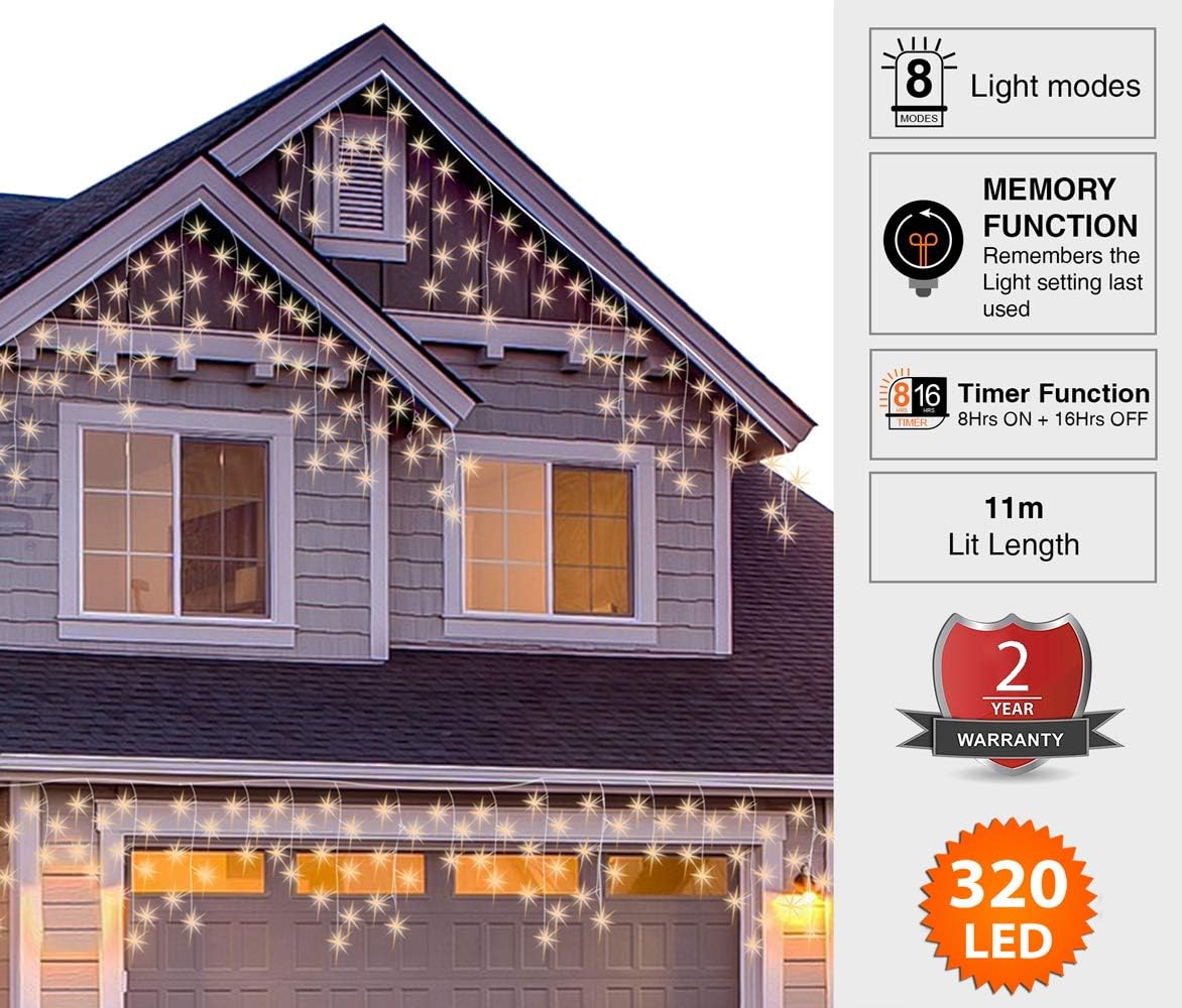 ANSIO Icicle Lights 320 LED 11m/35ft Indoor & Outdoor Warm White Decorations String Fairy Lights with Timer for Xmas Garden Bedroom & Party - Image 4