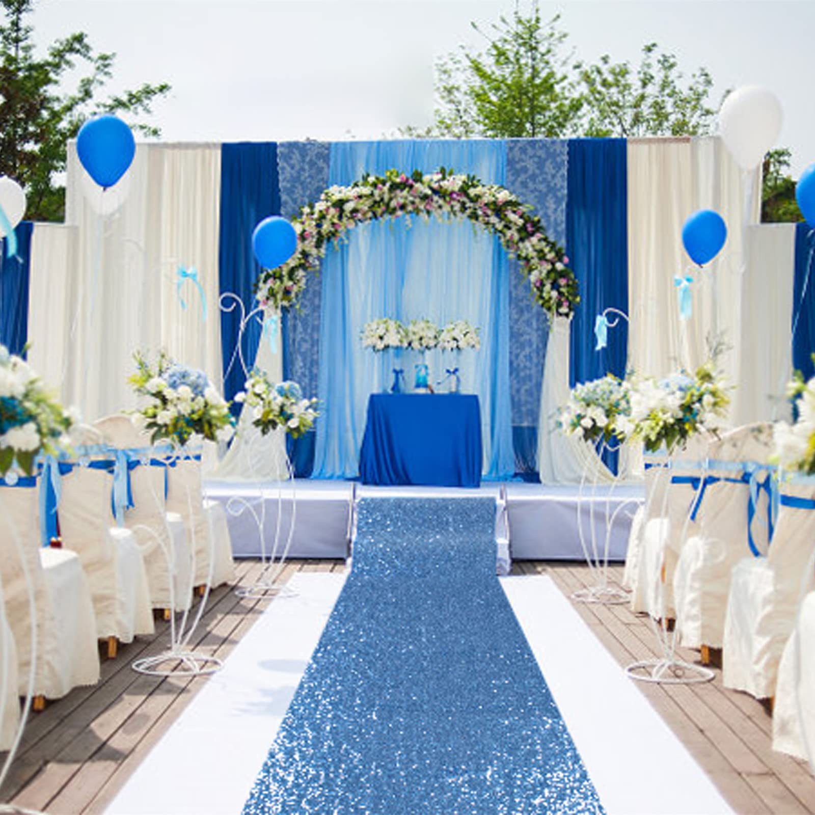 Photo 1 of ShiDianYi Blue Aisle Runner for Wedding 15FTx2FT Modern Baby Blue Glitter/Sequin Mesh Fabric with Sequins Wedding Rug Runner