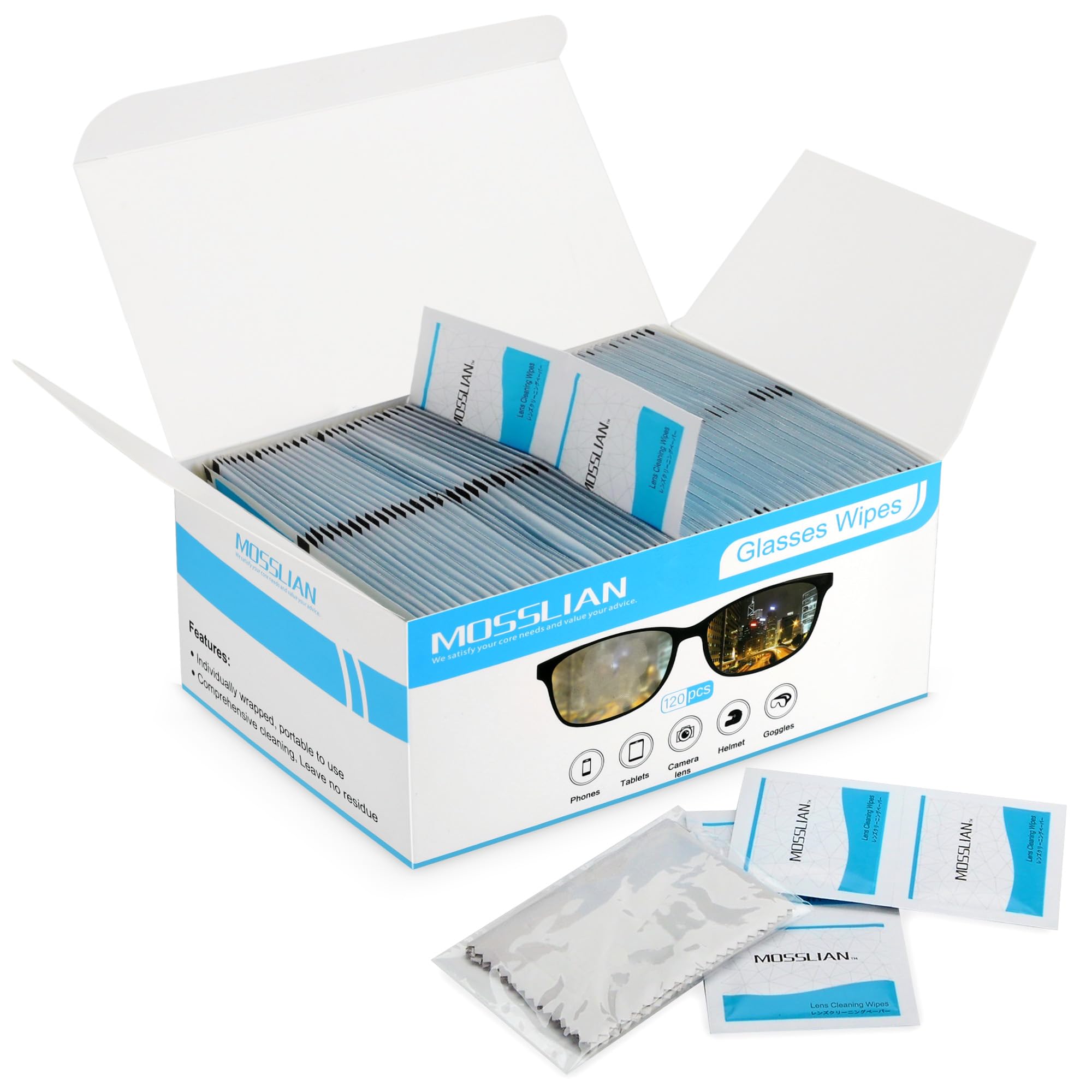 Pre-Moistened Screen Wipes MOSSLIAN 120 Pack Glasses Wipes for Phone Lens Glasses Laptop iPhone iPad Monitor