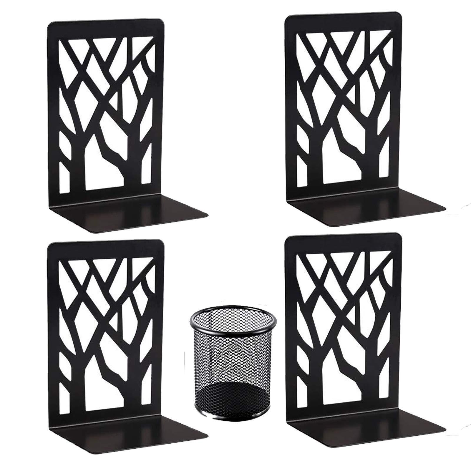 Book Ends, Bookends Heavy Duty, Aileese Book End Holder for Shelves, Metal Bookend (Black 2 Pair) for School and Office, Decorative Tree Unique Design Book Stopper for Gift, Book Binder and Dividers