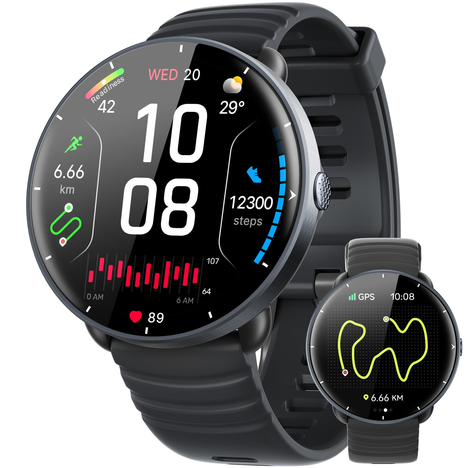 Parsonver Smartwatch Herren Damen, Integriertes GPS, 5 ATM wasserdichte Schwimmuhr für Pool/Offenen Gewässern, Fitness Uhr mit AMOLED Display, 100+ Sportmodi, Herzfrequenz, Schlafen (Schwarz, 42 mm)