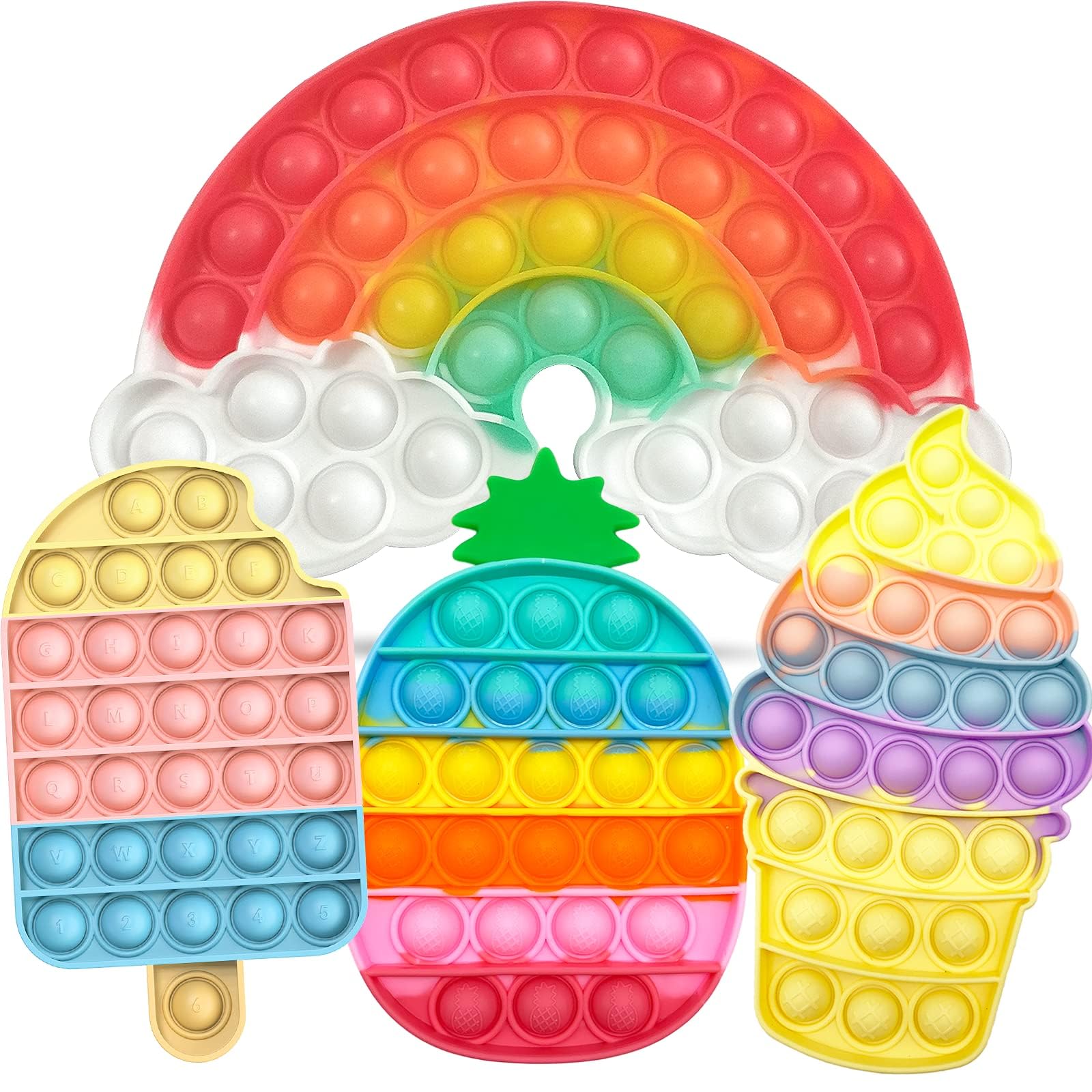 4 Pcs Fidget Toys, Rainbow Push Bubble Fidget Toys Ice Cream Toy Pineapple Squeeze Toys Set for ADHD Autism Stress Relief Toy Gift