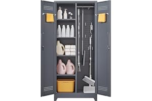IRONFFICE Broom Closet Cabinet,Metal Cleaning Supplies Storage Cabinet,Broom Tool Storage Cabinet,Cleaning Cabinet with Adjustable Shelves,Heavy Duty Cleaning Cabinet for Office, Garage