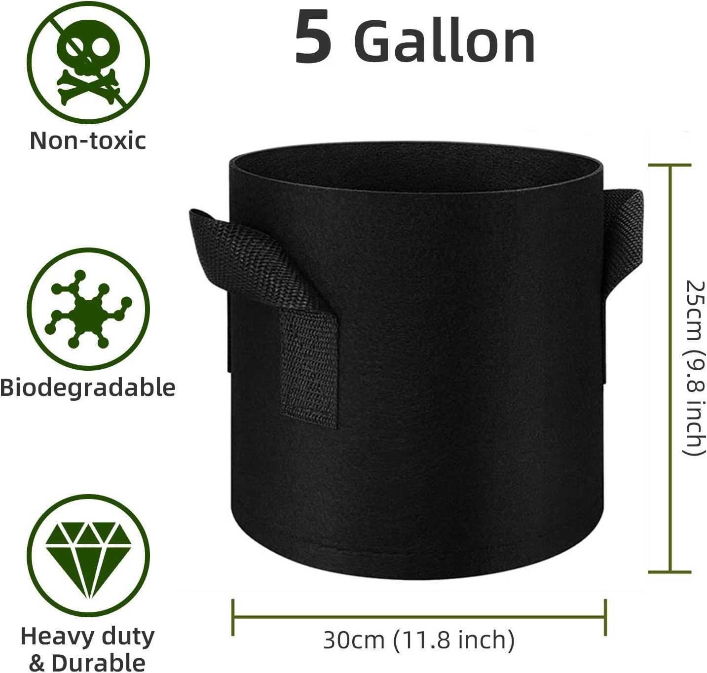 WHATWEARS 5 Pack 5 Gallon Plant Grow Bags, Thickened Nonwoven Fabric Pots with Handles, Vegetable Planter Bags Containers - Image 3