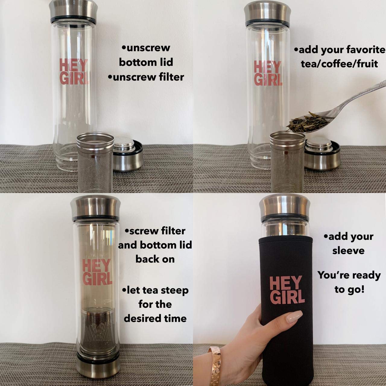 Tea Infuser Insulated Glass Bottle with Tea Strainer Infuse Loose