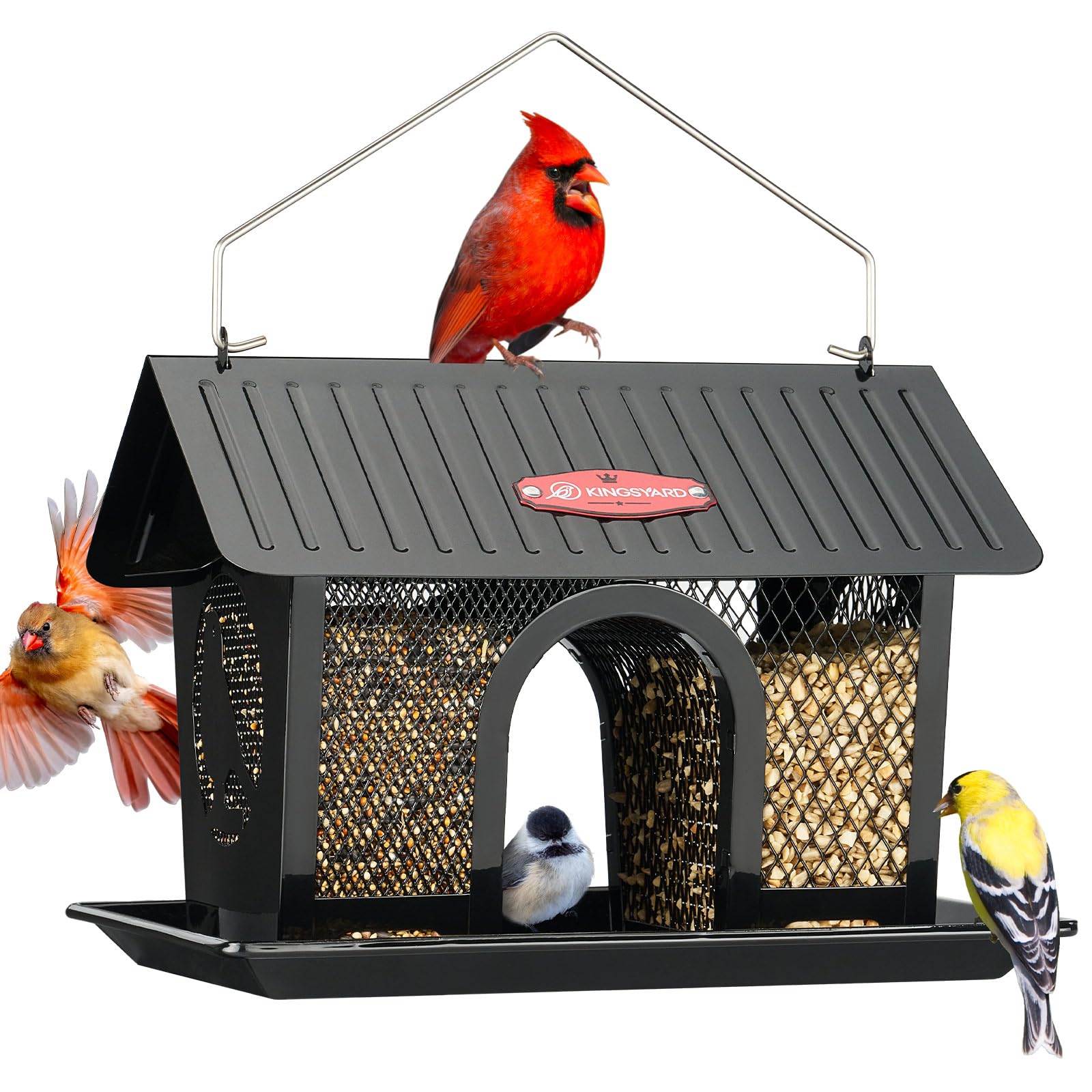 Photo 1 of Kingsyard Metal Bird Feeders for Outdoors Hanging, Wild Bird Feeder with Seed Tray and Weatherproof Roof, 3 lbs Seed Capacity, Black