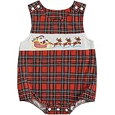 Mobbdow Newborn Baby Boy Christmas Outfit Embroiderey Sleeveless Smocked Bubble Romper Plaid Bodysuit Infant Winter Clothes