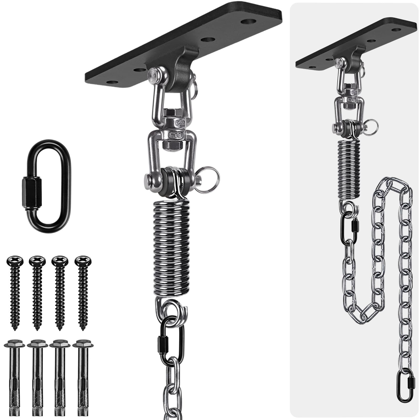 Dolibest Punching Bag Hanger, Boxing Ceiling Hook Punch Holder 4 Hole Swing Bracket 360 Swivel Carabiner M6 Spring&100cm Chain for Hanging Heavy Bag Hammock Wood/Concrete Wall Beam Mount, up to 350lbs