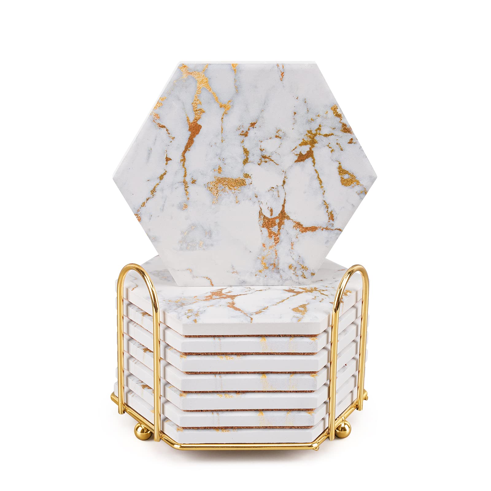Geichan Marble Coaster Set for Table Protection,8 Pcs Drink Coasters with Metal Holder, Home Decor, Bar Coasters