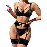 popiv Women's Sexy Lingerie Set with Garter Belt Matching Bra and Panty Lingeries Sets 4 Piece