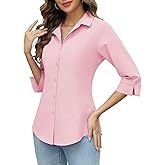 HOTOUCH Women Button Down Shirts 3/4 Sleeve Basic Business Dress Shirt Slim Fitted Classic V Neck Button Up Work Blouse Tops