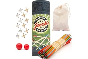 Jacks Game and Wooden Pick Up Sticks Combo Pack. 12 Metal Gold and Silver Jax. 2 Sizes of red high Bounce Balls. 40 Pick Up Sticks. Fun Retro Kids Games and Family Games by Dr. Rocket