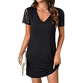 Rooscier Women's Lace Cutout Short Sleeves V Neck Straight Fit Casual Mini Dress