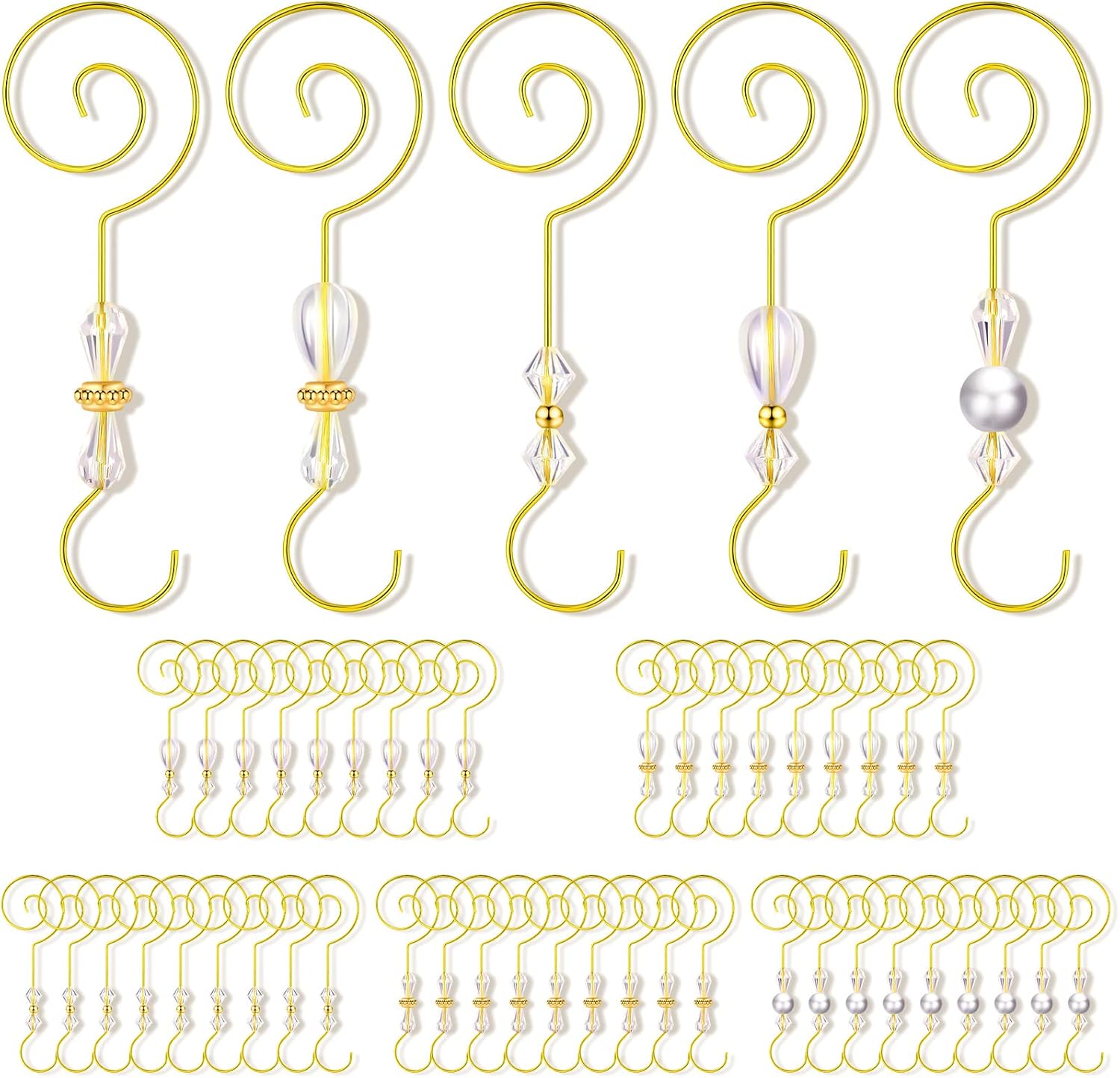 Ornament Hooks - Zhengmy 45 Pieces Christmas Ornament Hooks Metal Wire Ornament Hook Christmas Tree Ornament Hanger Acrylic Bead Tree Hanger for Home Decor Christmas Trees Parties, Gold