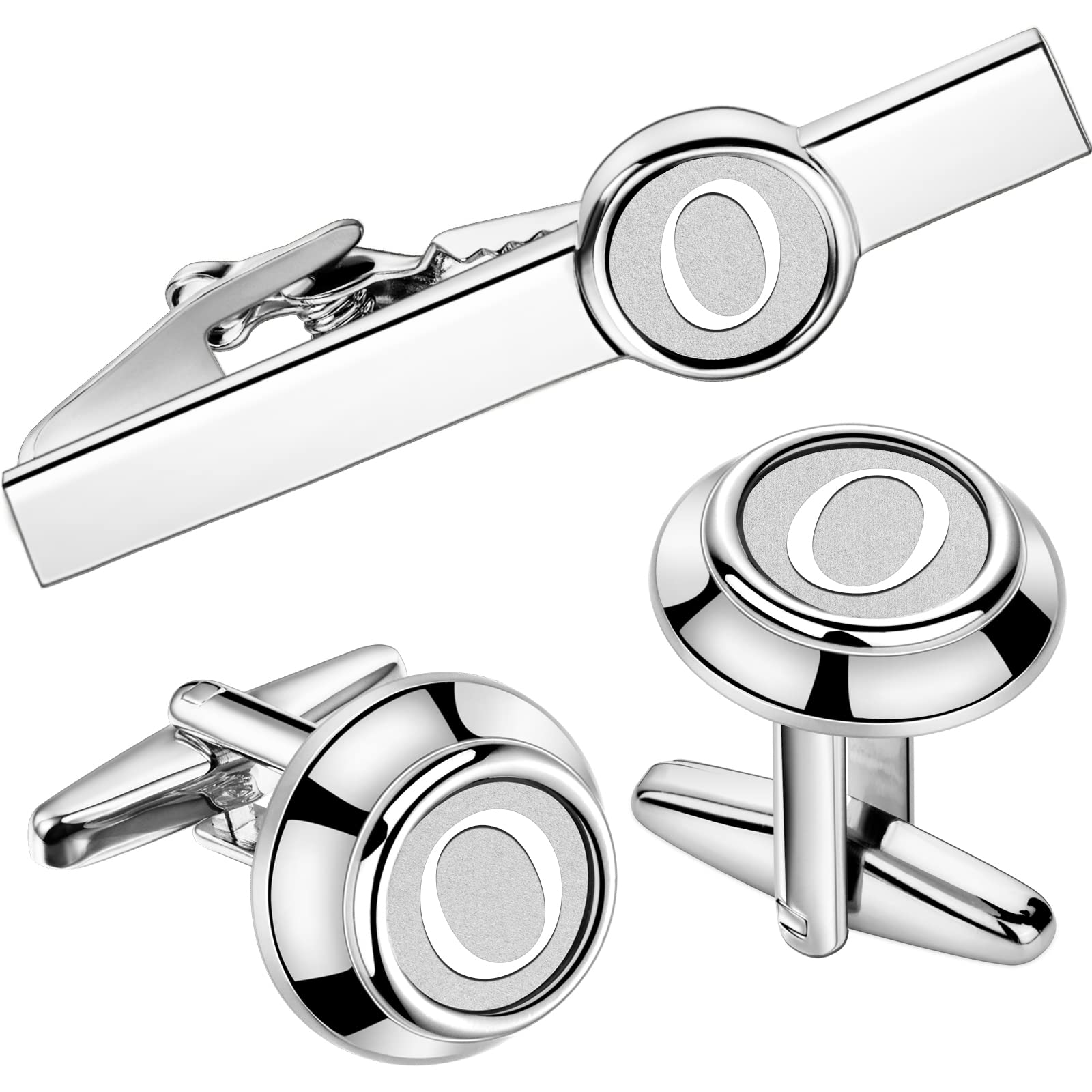 HAWSON Mens Classic Silver Cufflinks and Tie Clip Set for Men Initials A-Z Formal Business Wedding Tuxedo Shirts
