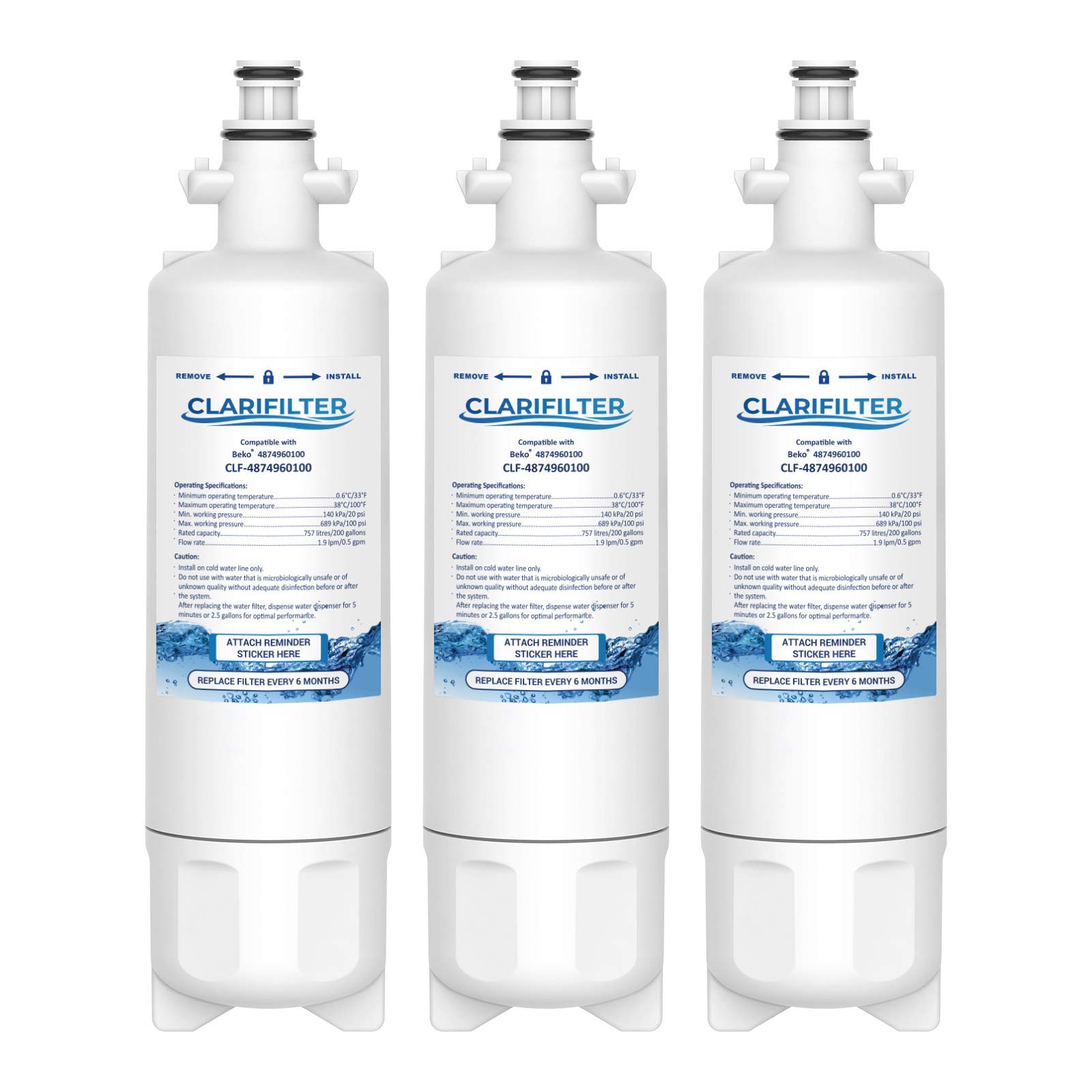 Clarifilter 4874960100 Fridge Water Filter Cartridge compatible with Beko/Smeg 4874960100, 4394650100, 9256712, SBS4K; Lamona Leisure LAM6100, HJA6110; Blomberg IWD1004ET; Grundig 487960000 (3)