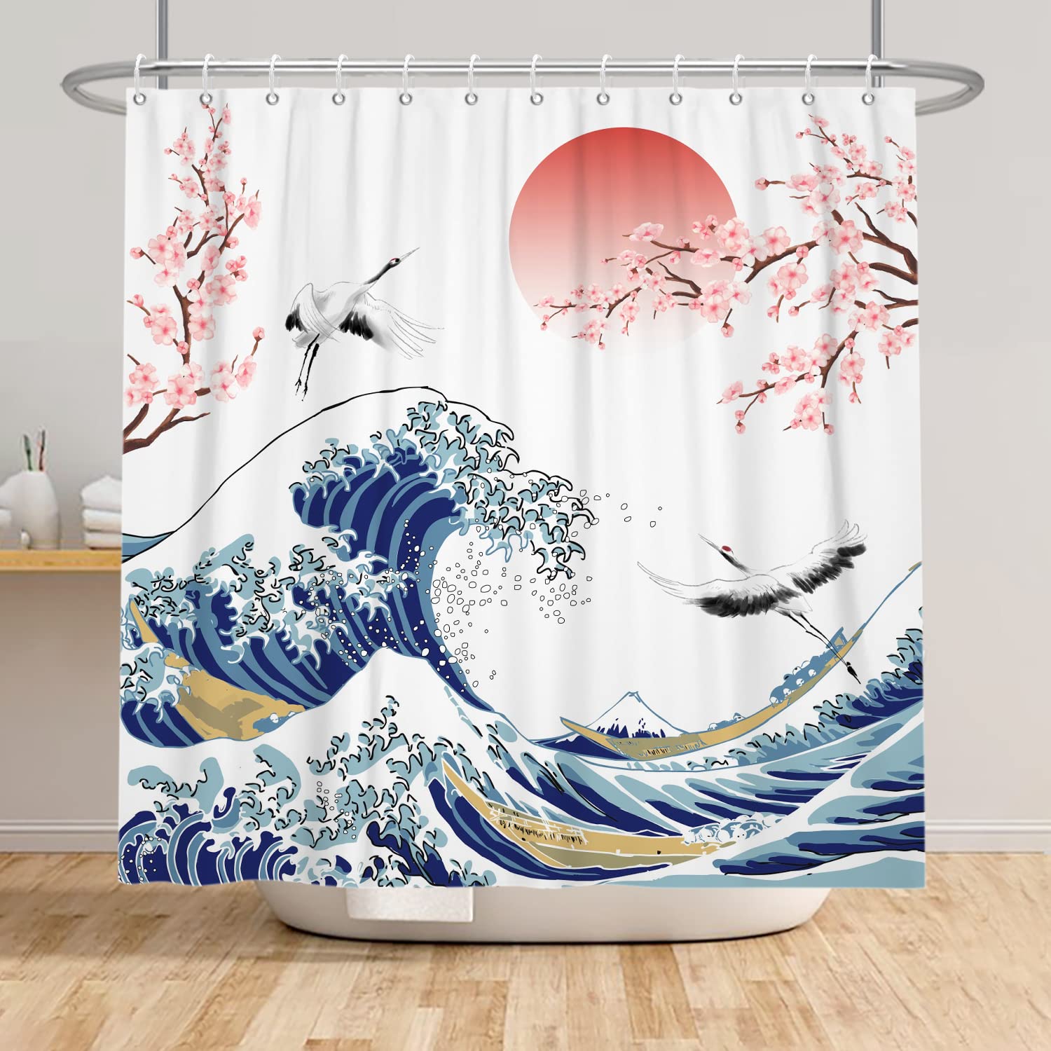 SDOTPMT 180x180cm Wave Shower Curtain Asian Cherry Blossom Ink Painting Bath Curtain Soaring Wild Goose Landscape Painting Bath Curtain for Bathroom Decor Fabric Waterproof with Hooks