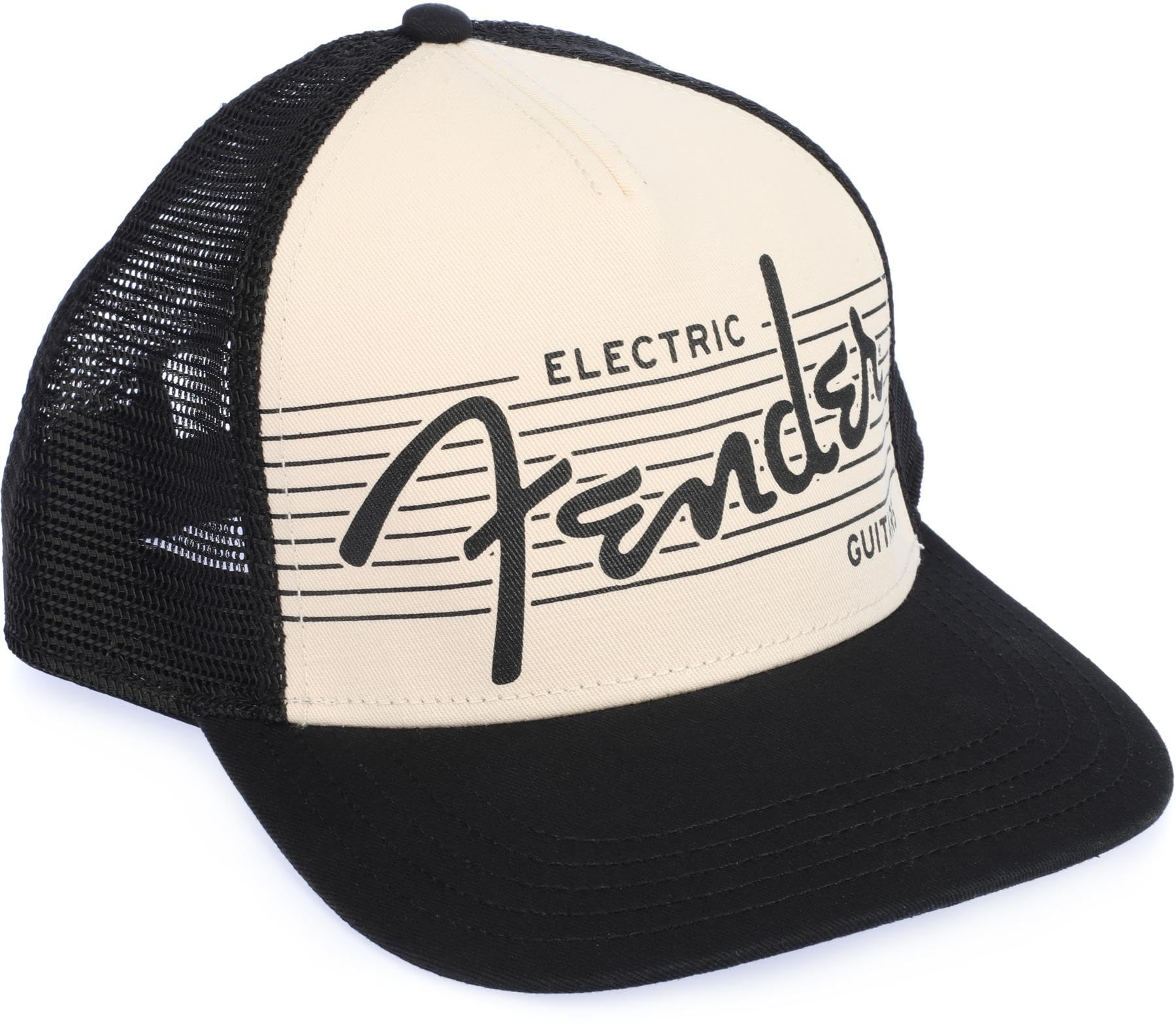 Fender Electric Guitar Hat, Black and Cream, Adjustable, Retro Structured Cap, Music Lover Gift