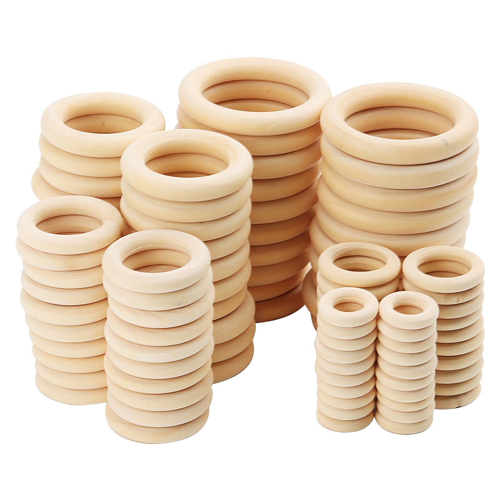 ZEONHAK 300 PCS 5 Sizes Macrame Wooden Ring, 15 25 35 45 55mm Natural Wood Curtain Rings Unfinished Wooden Hoop for DIY, Craft