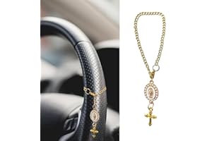 spansee Steering Wheel Rosary Charm Accessory, Catholic Rosary Hanging Pendant, Cross for Car, Steering Wheel Accessory with Virgin Mary Charm and Crucifix, Christian Gifts (Gold)