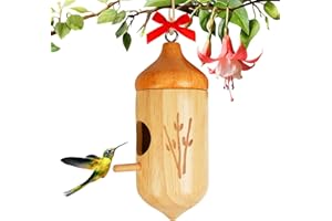 LEMKLOOM Hummingbird House, Wooden Hummingbird Houses for Outside - Handcrafted Natural Wood Birdhouse with Complete Hanging Kit (Bow & String) - Premium Gardening Gifts Decoration (Style-1, 1 Pack)