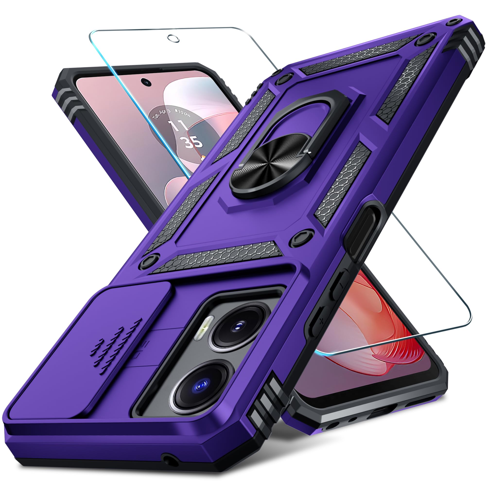 Janmitta Compatible with Moto G Power 5G 2024 Case Built in Slide Camera Lens Cover+Screen Protector+Finger Ring Holder Kickstand,Heavy Duty Shockproof Full Body Protective Phone Cover,Purple