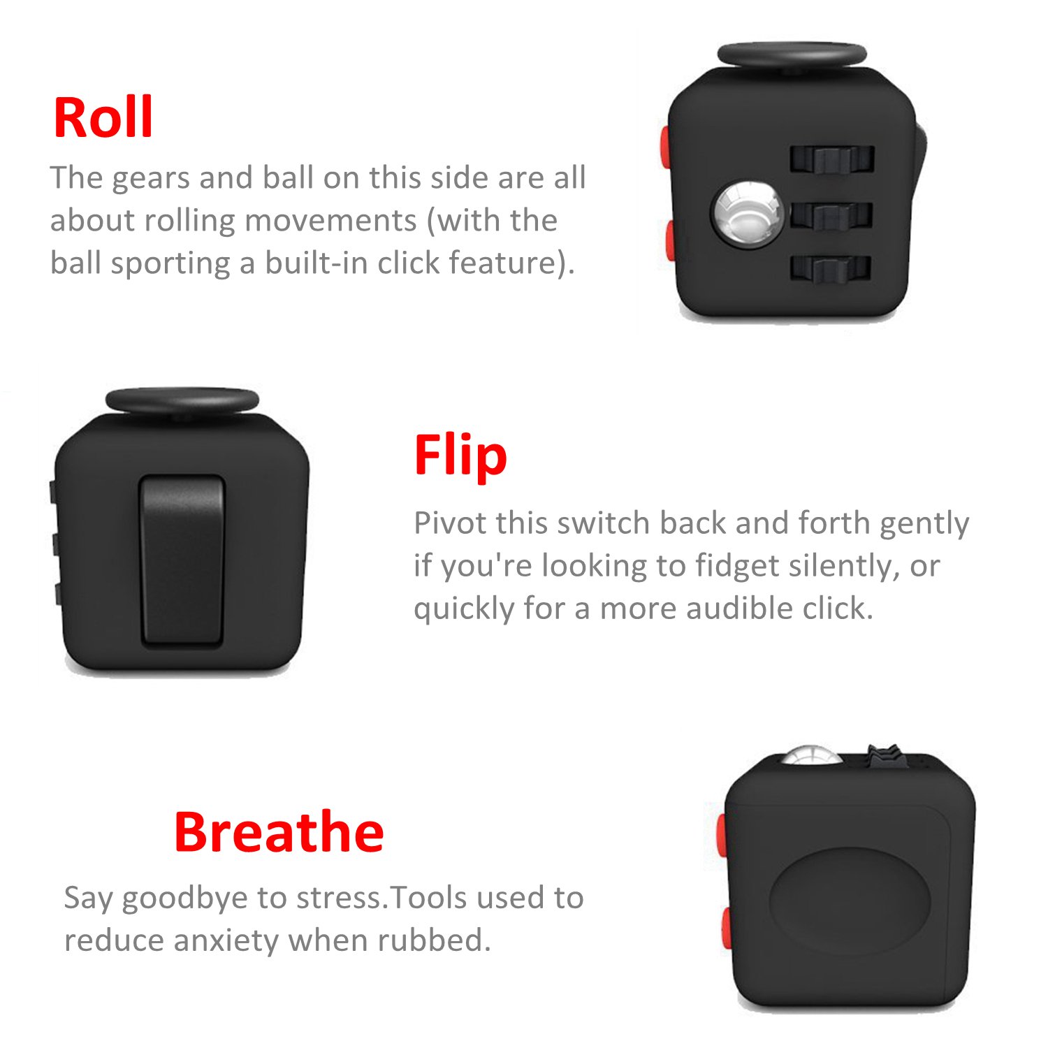 Amteker Fidget Cube Fidget Toy Anxiety Attention Stress Relief, and Break Nervous Habits for Children and Adults (Black and Red)