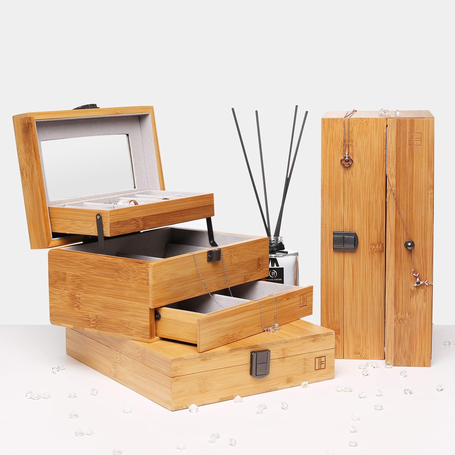Bamboo Jewelry Box Organizer for women Watch Storage 3 Layers Jewelry Organizer Storage Display Case Gift for Mom Girlfriend: Home Improvement