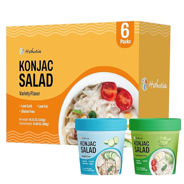 HETHSTIA LOW CARB PASTA, GLUTEN-FREE SHIRATAKI KONJAC NOODLES WITH VINAIGRETTE & WASABI SESAME SAUCE, COLD KETO SIDE DISH, 6-PACK PRE-PACKAGED MEAL, QUICK HEALTHY READY-TO-EAT FOOD
