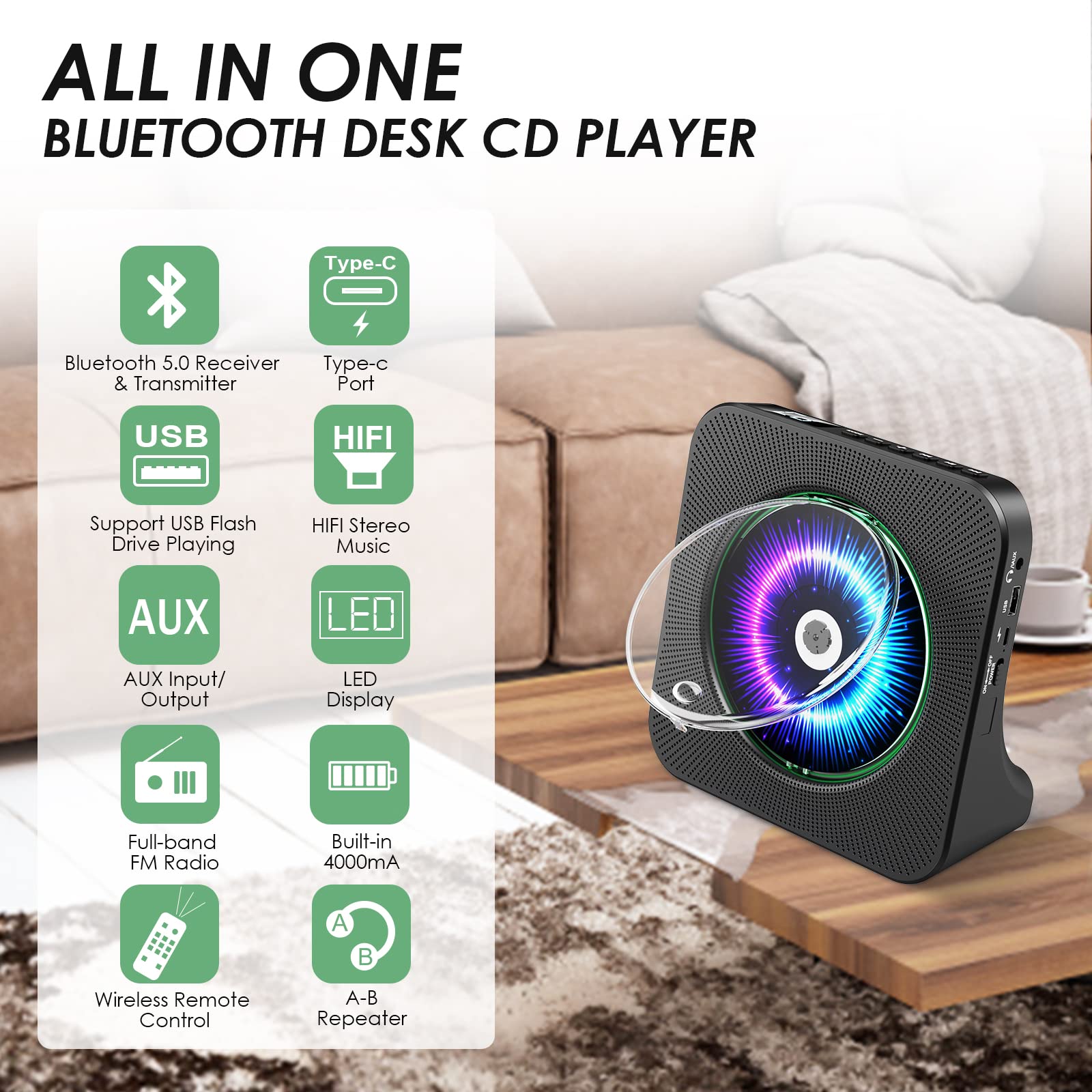 Gueray CD Player Portable Bluetooth: Desktop 4000mAh Rechargeable CD Players for Home with Timer HiFi Speakers Dust Cover LCD Screen Display FM Radio Type-c 3.5mm AUX Jack Remote Control
