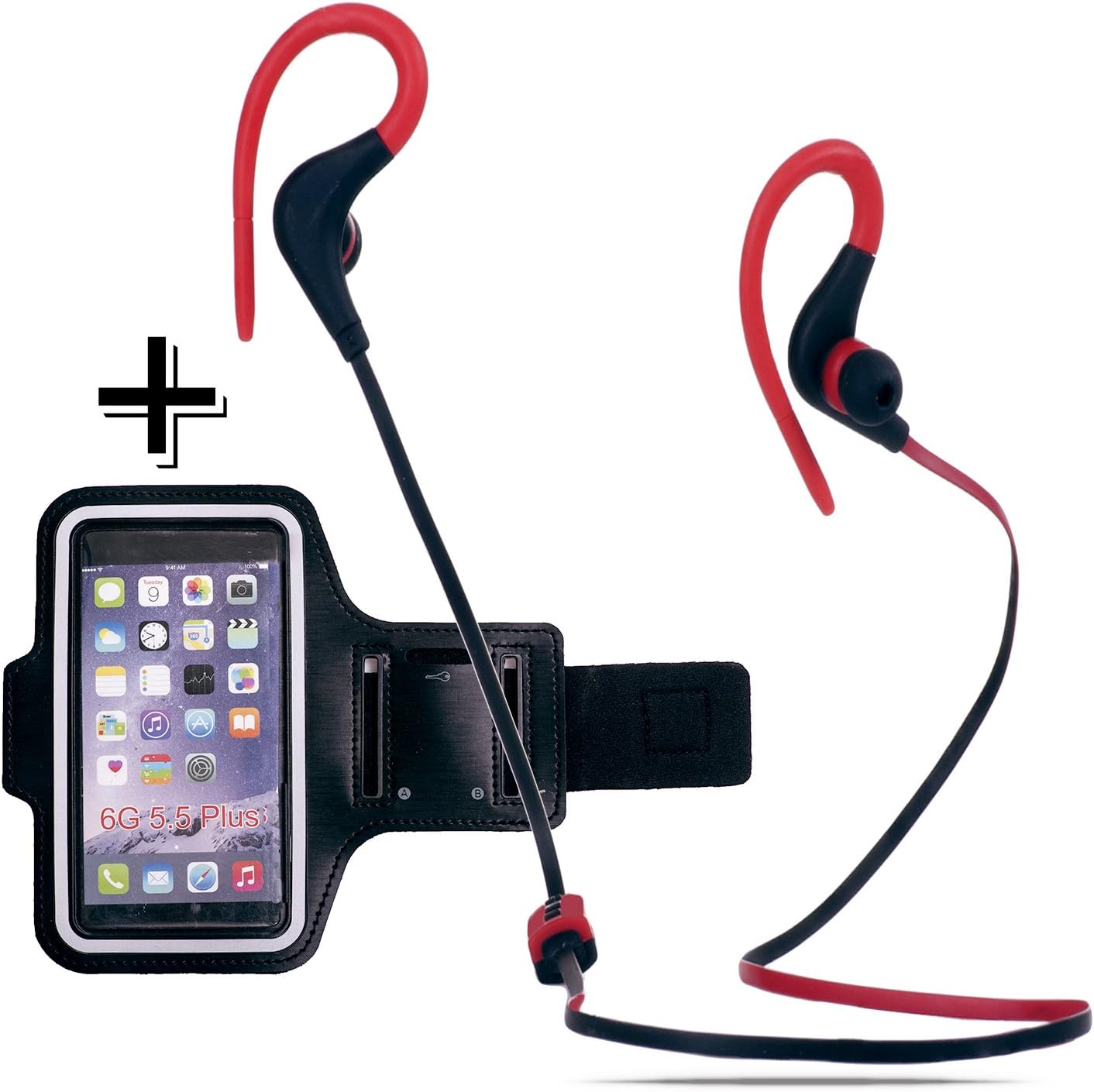 Manchori Bluetooth Headphones - Wireless Earbuds with Microphone and Noise Cancellation for IPhone and Android Phones, Tablets etc. (Black/red) Free Bonus - A Neoprene Armband.