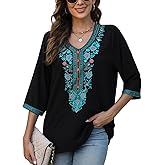 Higustar Mexican Blouses for Women Embroidered Traditional Floral Peasant Tops Bohemian Clothes 3/4 Sleeve Tunic Boho Shirt