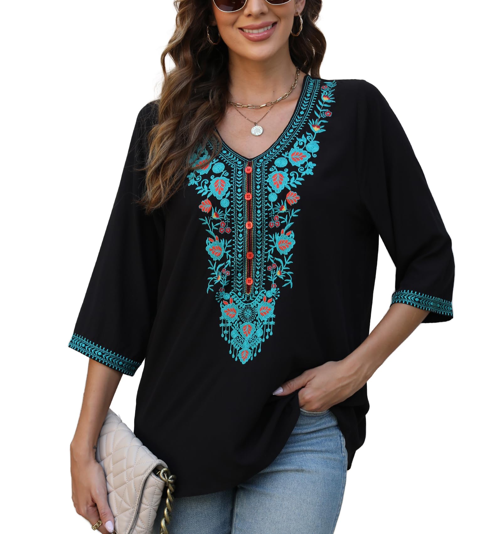 Photo 1 of Higustar Mexican Blouses for Women Embroidered Traditional Floral Peasant Tops Bohemian Clothes 3/4 Sleeve Tunic Boho Shirt