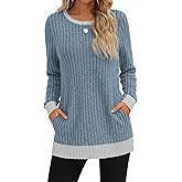 JoyMotion Women's Long Sweater to Wear with Leggings Lightweight Crew Neck Color Block Pullover Tunics Tops with Pocket