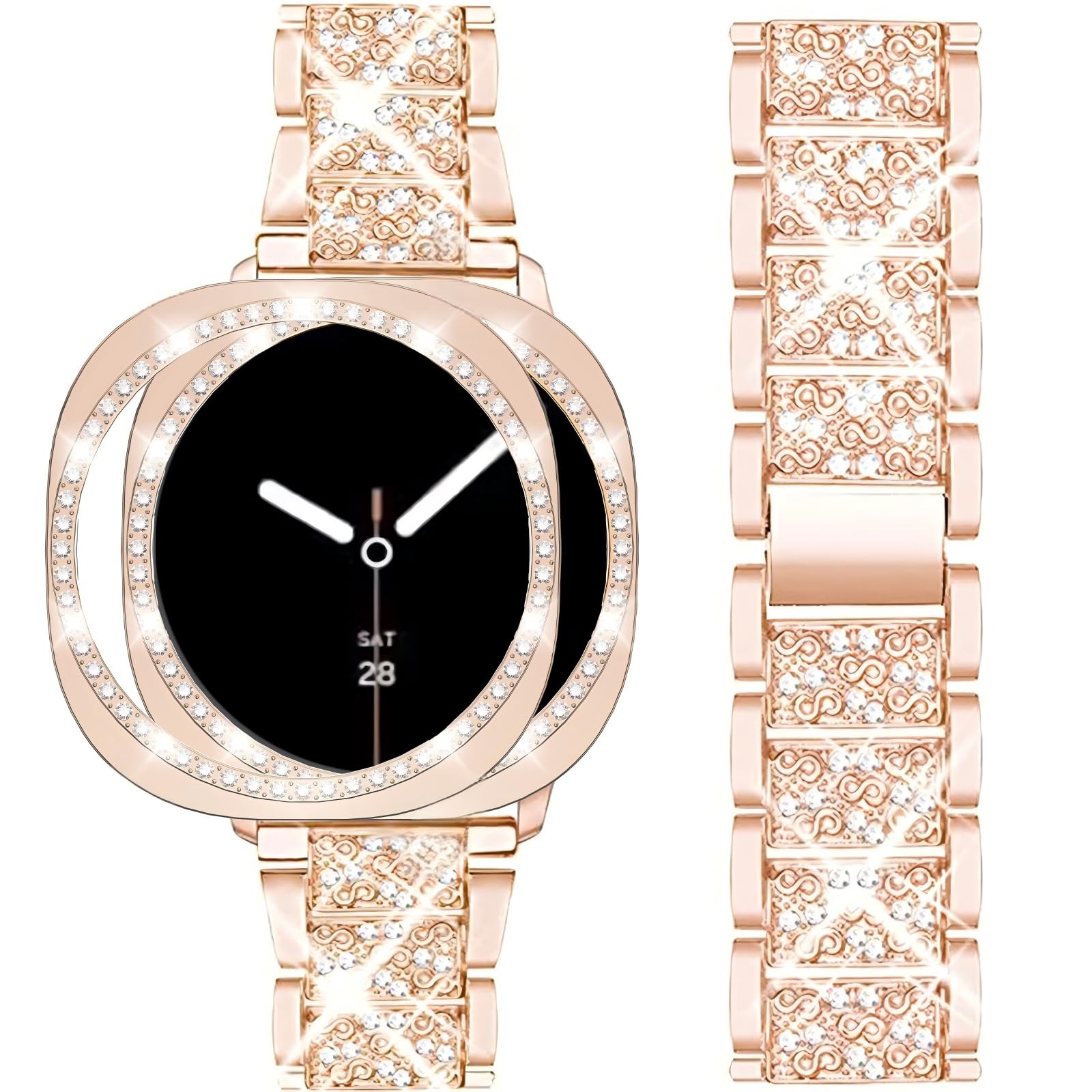 Mosonio Compatible with Samsung Galaxy Watch 8 Band 44mm, 20mm Bling Jewelry Metal Band with 44mm Cover Case for Women for Galaxy Watch 8(Rose Gold,44 mm)