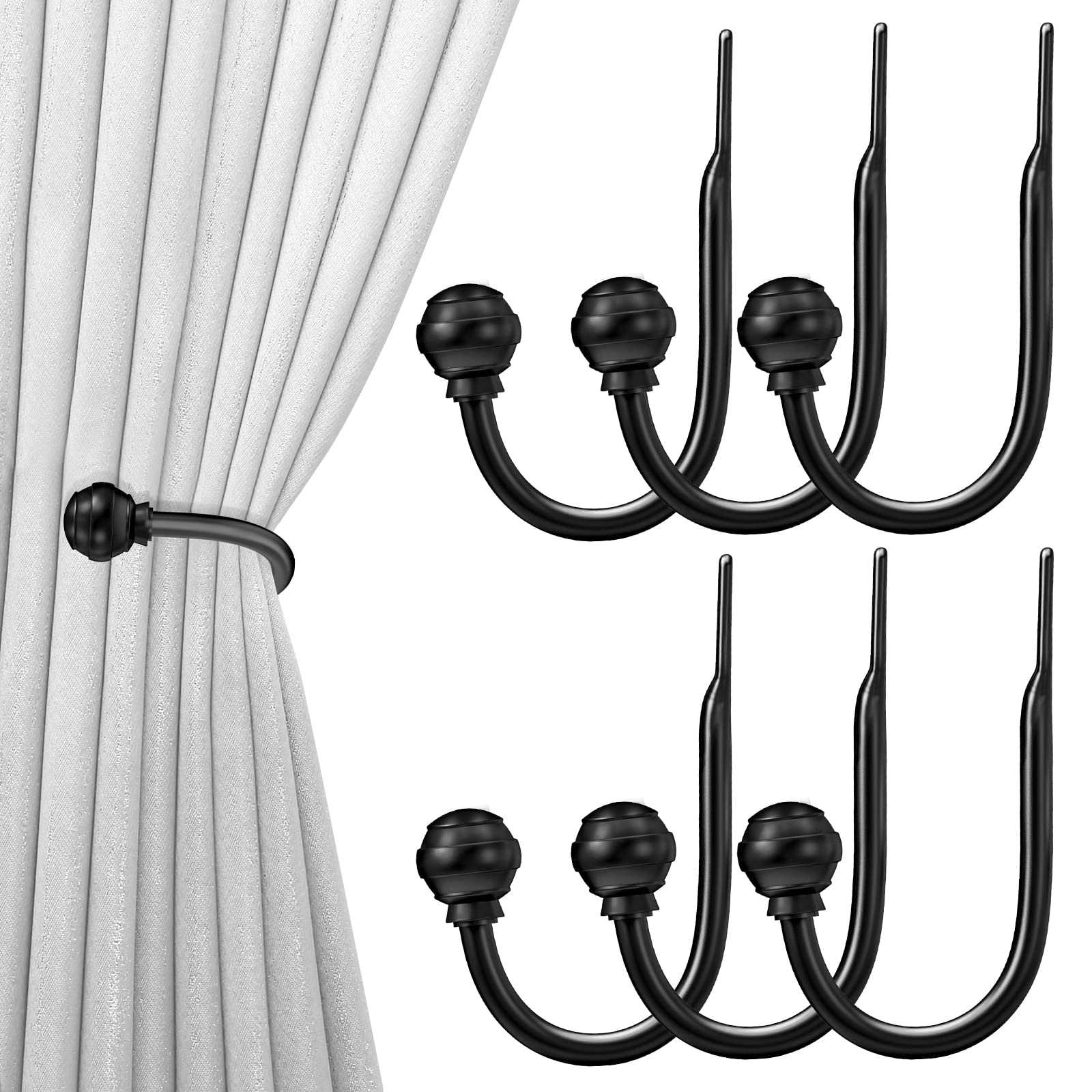 Hion Curtain Holdbacks Black, 6pcs Wall-Mounted Metal Curtain Tie Backs Curtain Hooks Holders for Hanging Curtains Other Items