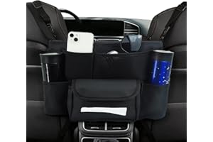 JUOUWEHE Car Handbag Holder Between Seats, Upgraded Net Pocket Holder Automatic Consoles Organizers for Bottle Phones Purse Document, PU Leather Vehicle SUV Storage Holder for Car Center Console, Black