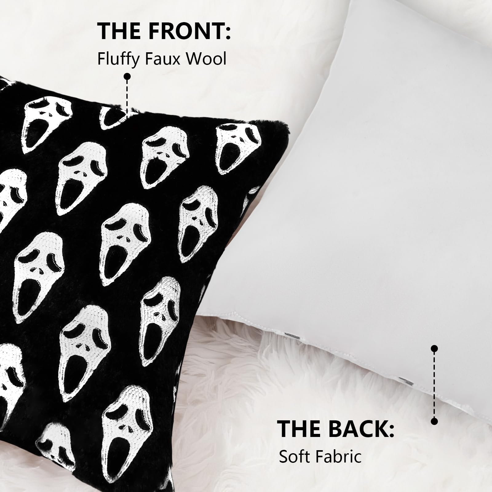 Halloween Scream Ghost Pillow Covers Set of 2, 18x18 Decorative Ghost Throw Pillowcases Soft Plush Faux Wool Cushions for Home Patio Sofa Couch (Ghost Black)