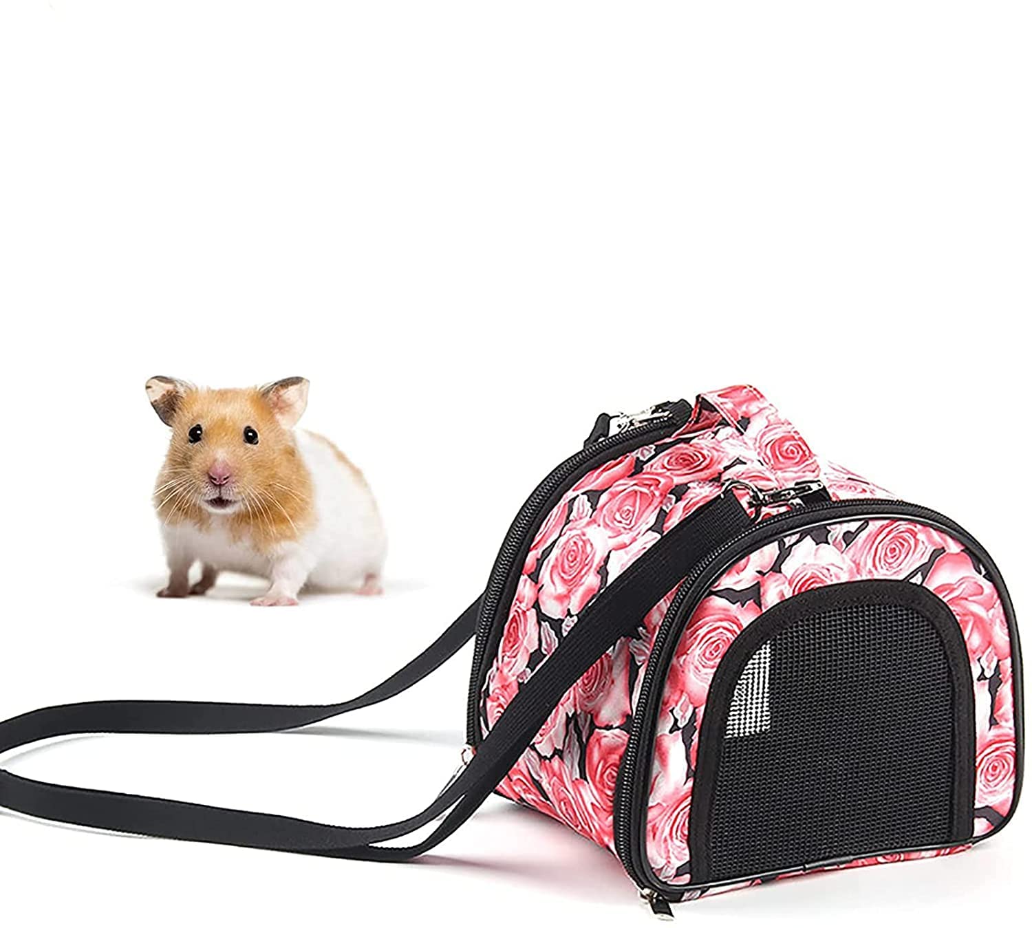 Small Animal Carrier Bag Hamster Portable Collapsible Bag with Detachable Adjustable Shoulder Strap Breathable Travel Zipper Lock Bag for Hedgehog Squirrel Sugar Glider Rabbit Guinea Pig Birds (Pink)