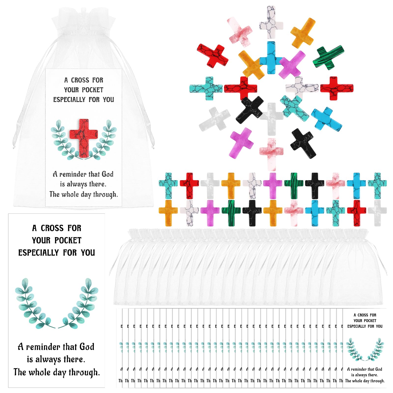 Photo 1 of 150 PCS Pocket Hug Token Bulk Cross Crystal Stone with Hug Cards and Organza Bags Natural Gemstones Small Cross Exchange Card for Friends Colleagues Family Distance Social Xmas Easter Present 50 Sets