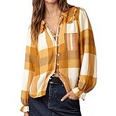 Tankaneo Womens Peter Pan Collar Button Down Shirts Long Sleeve Plaid Blouse Dressy Casual Fall Tops