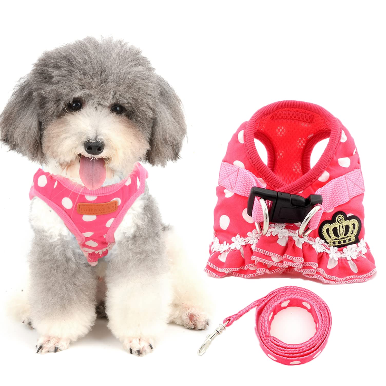 Ranphy Polka Dot Small Dog Cat Harness Girl No Pull Pet Vest Step-in Mesh Jacket with Leash Set Adjustable for Walking Training Hiking Pink Size XL