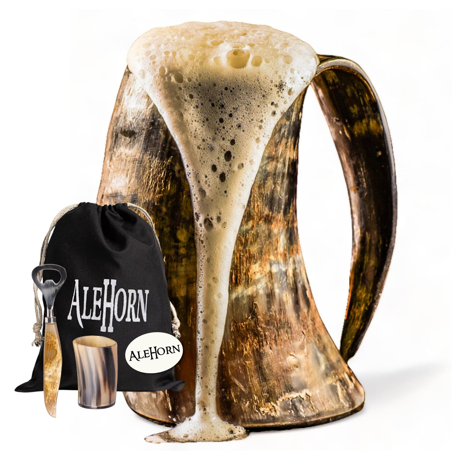 AleHorn Drinking Horn - Genuine Ox Horn Mug for Ale & Mead - Food-Grade Medieval Style Tankard - Handcrafted Beer Stein- Gift Idea for Anniversary, Birthday & Holidays - Large, Natural