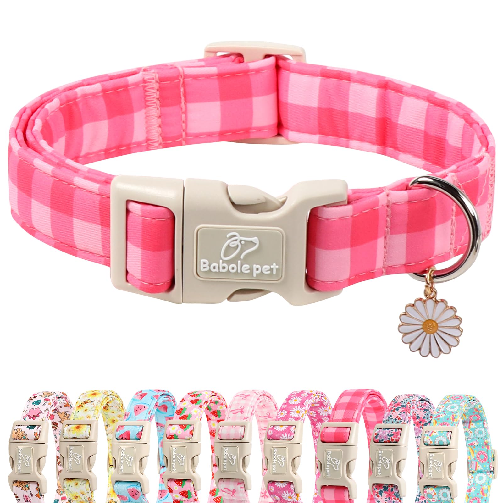 Babole Pet Girl Dog Collar for Small Dogs - Cute Pink Plaid Puppy Collar, Soft Adjustable Spring Summer Female Dog Collars wi